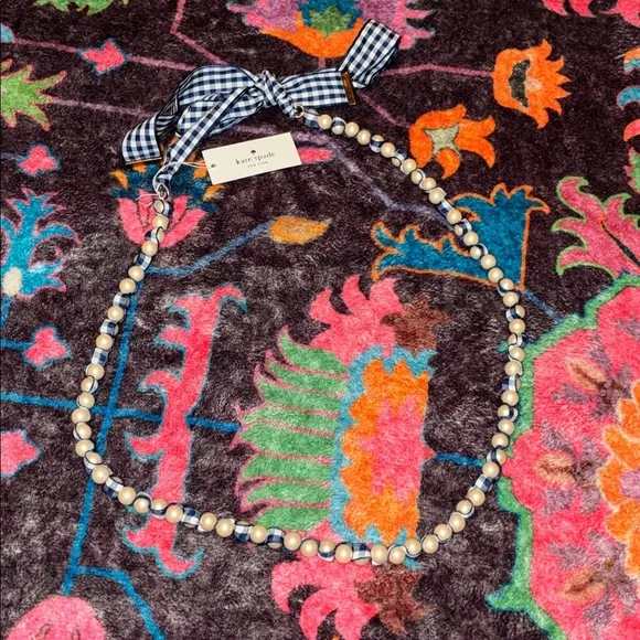 NEW Kate Spade Cream Pearl Necklace with Blue  Ribbon - Picture 2 of 4